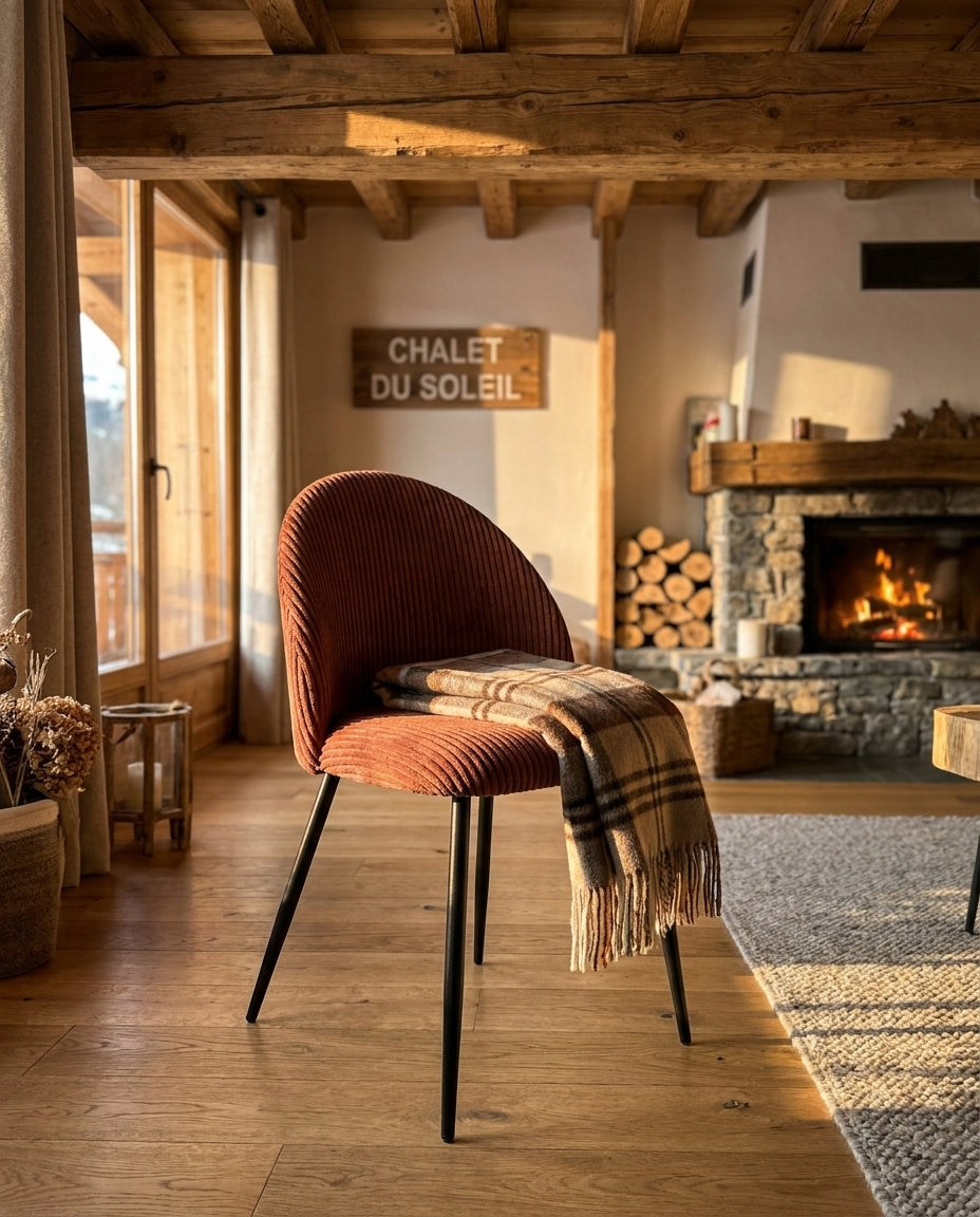 Chaise BELLOT rouille dans un salon chalet alpin
