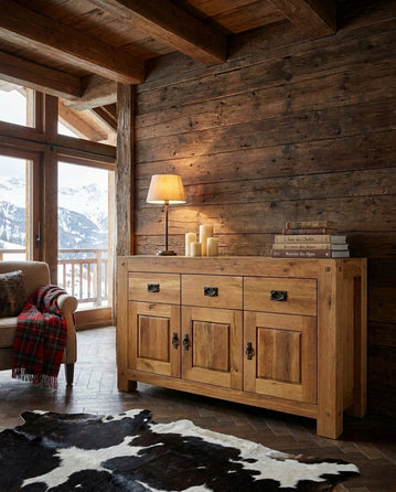 Bahut LODBAH-33 en ambiance chalet montagne vieux bois peau de vache