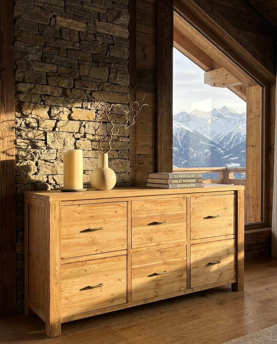 Bahut ND-09 en ambiance chalet montagne moderne chic vue Alpes