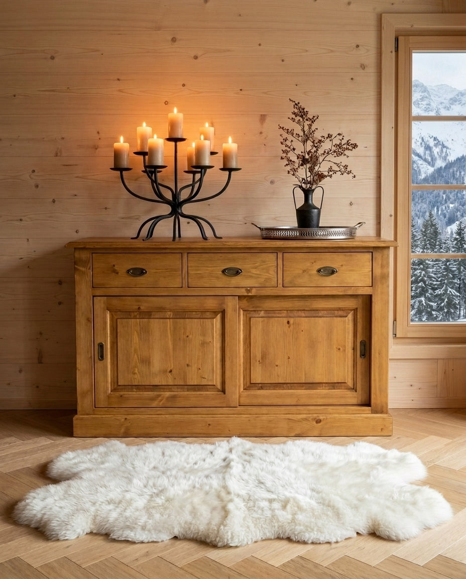 Bahut T76BAS ambiance chalet bois clair déco métal fenêtre Alpes