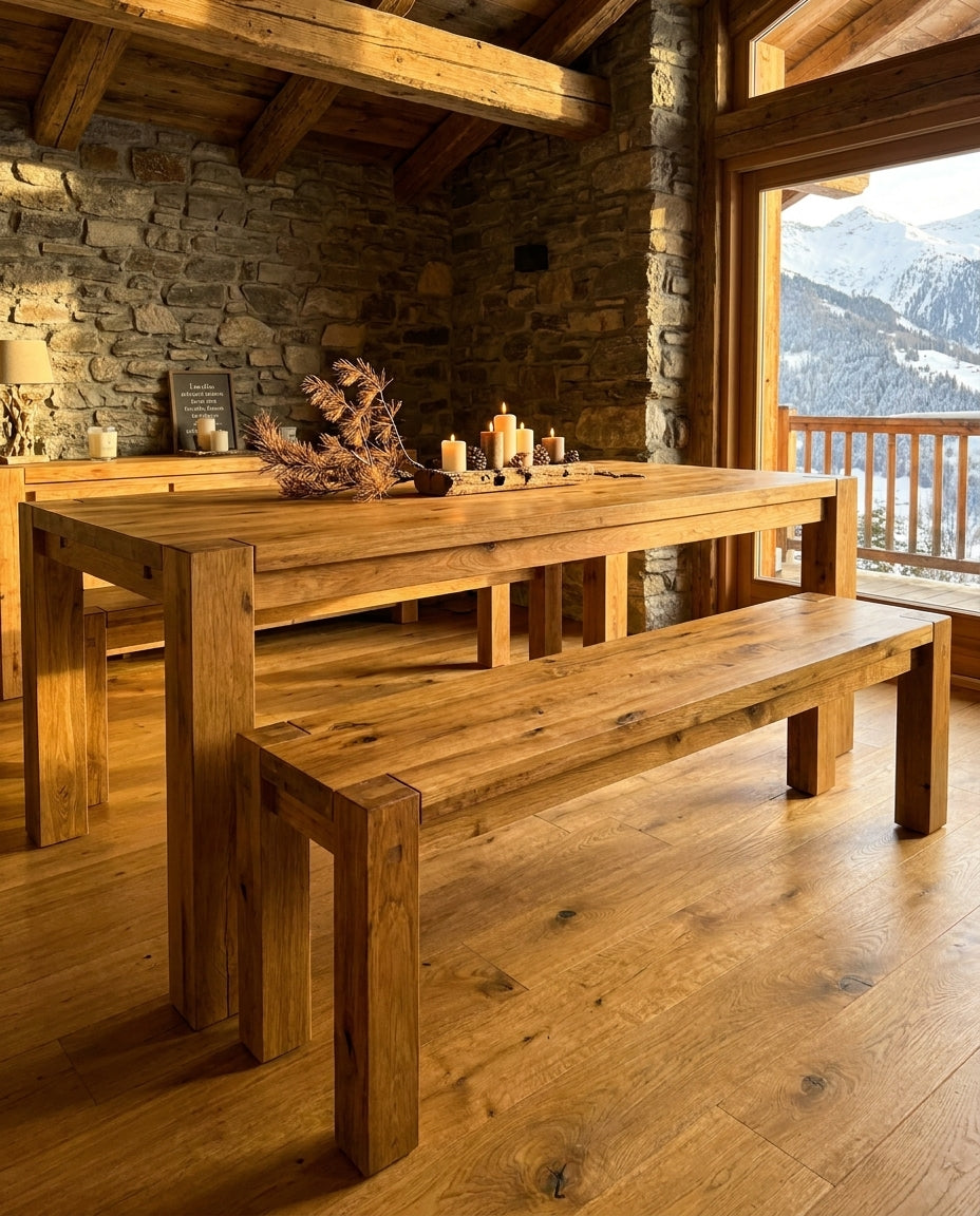 Banc LODBAN-153 devant table LODTA-180 chalet montagne