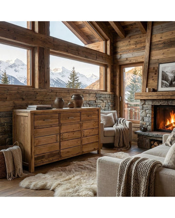 Bahut ND-06 en ambiance chalet montagne avec cheminée