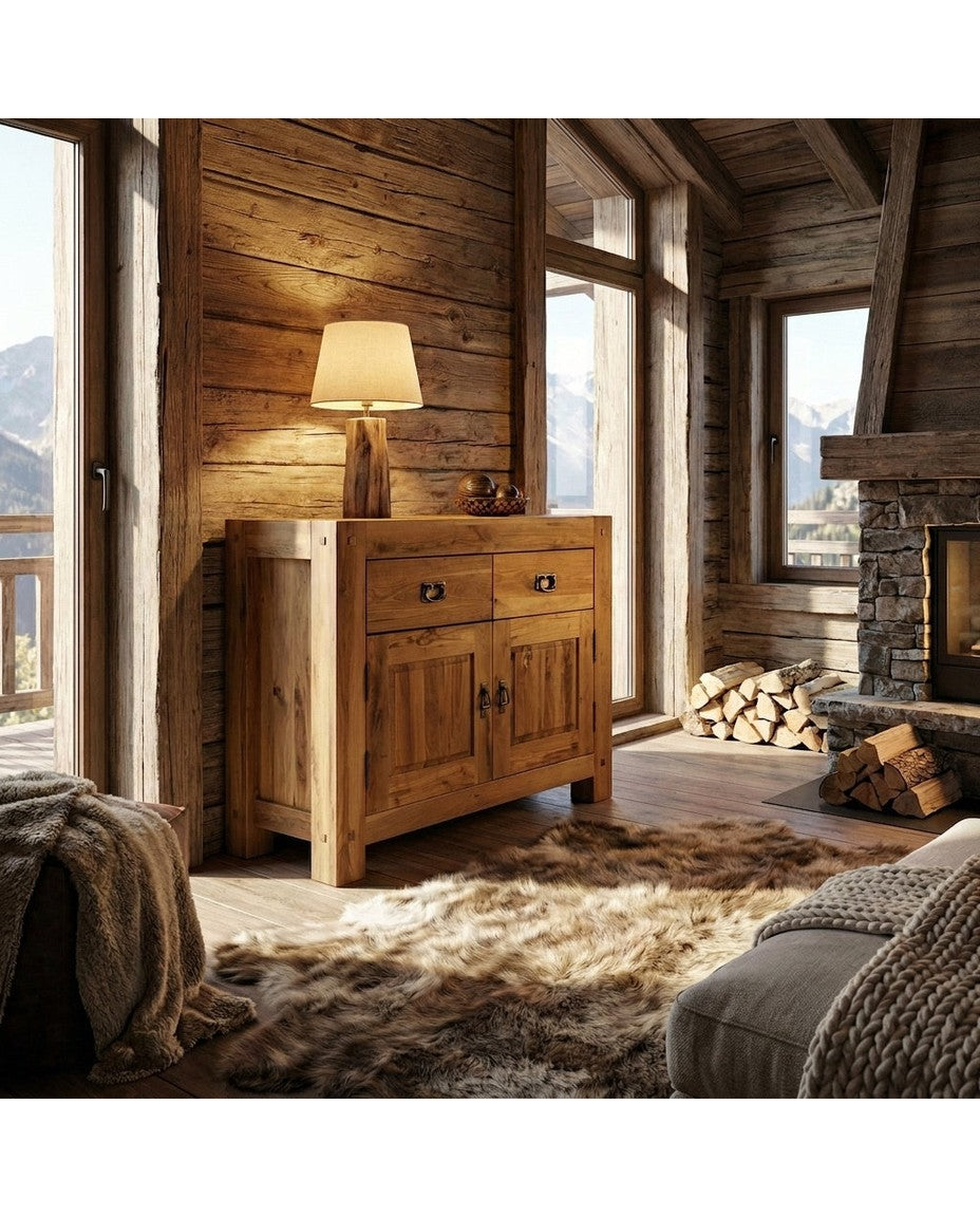 Bahut LODBAH-22 en ambiance chalet montagne avec lampe