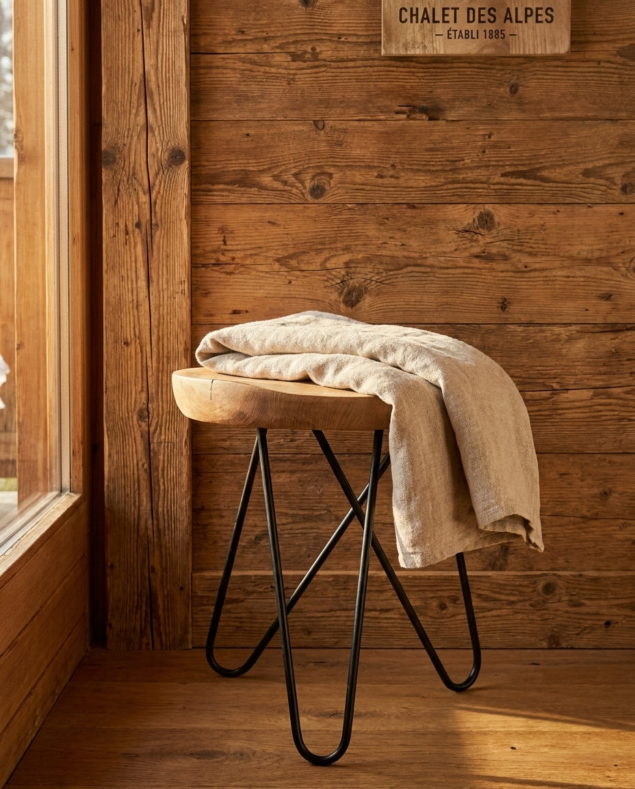 Tabouret Bennet teck et métal noir — décor chalet montagne